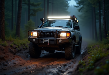 SUV 4x4 avec lumière LED dans la forêt boueuse au crépuscule