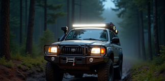 SUV 4x4 avec lumière LED dans la forêt boueuse au crépuscule