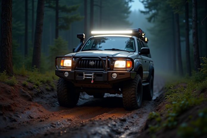 SUV 4x4 avec lumière LED dans la forêt boueuse au crépuscule