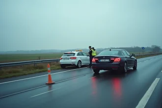 Accident de voiture sur l'autoroute dans le nord de la France avec intervention policière et cônes de sécurité