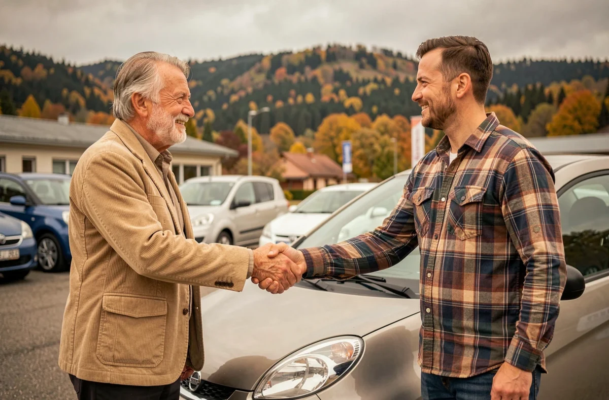 Achat d'une voiture sans permis d'occasion finalisé par une poignée de main chez un vendeur des Vosges