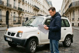 Un homme inspecte l'extérieur d'une LADA Niva blanche dans une rue française, tenant une liste de vérification avant achat