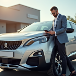 Acheteur satisfait inspectant une Peugeot 3008 argentée en concession