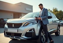 Acheteur satisfait inspectant une Peugeot 3008 argentée en concession