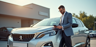 Acheteur satisfait inspectant une Peugeot 3008 argentée en concession
