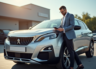 Acheteur satisfait inspectant une Peugeot 3008 argentée en concession