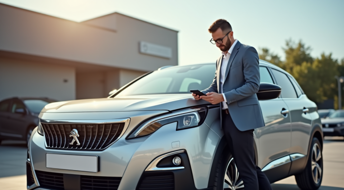 Acheteur satisfait inspectant une Peugeot 3008 argentée en concession