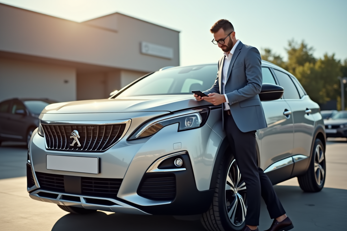 Acheteur satisfait inspectant une Peugeot 3008 argentée en concession