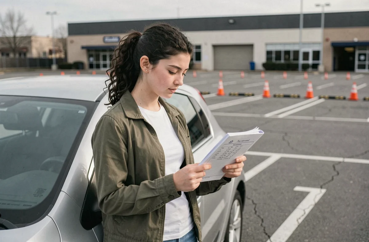 Adolescente de 16 ans consultant son livret de conduite accompagnée dans un parking d'auto-école