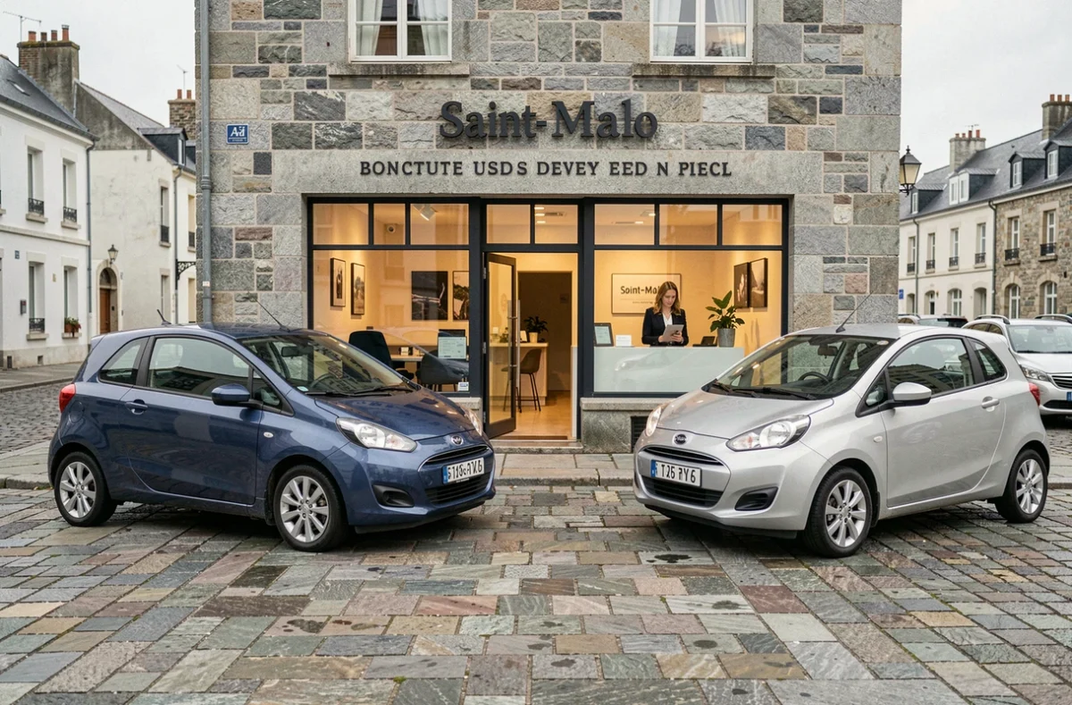 Agence automobilière de Saint-Malo avec façade en granit breton et véhicules d'occasion en vitrine