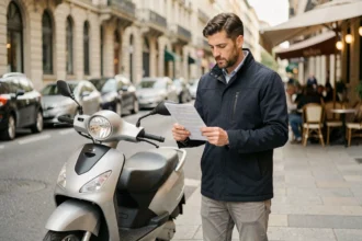Homme examinant un document d'assurance à côté d'un scooter 500 cm3 garé en ville