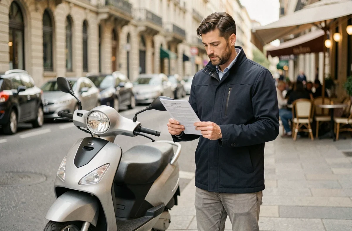 Homme examinant un document d'assurance à côté d'un scooter 500 cm3 garé en ville