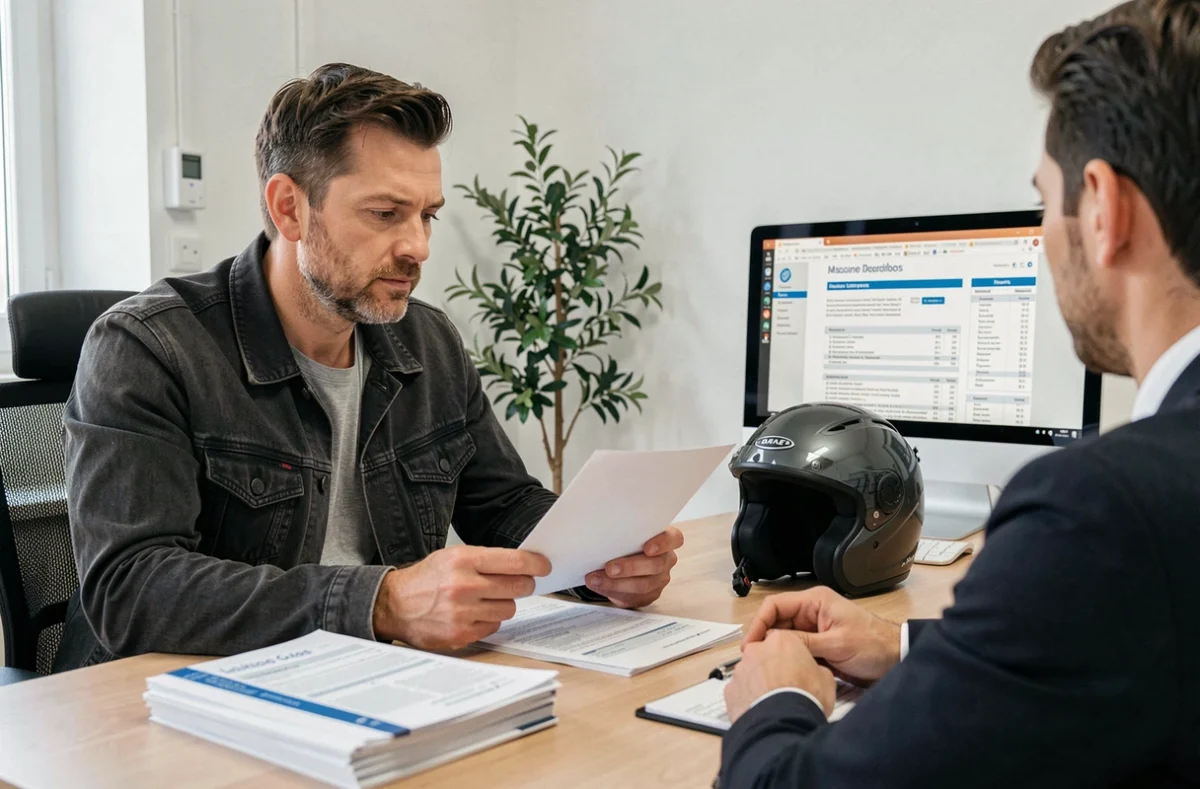 Un homme discutant de son assurance scooter après une suspension de permis pour alcoolémie avec un agent dans une agence
