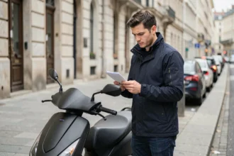 Jeune homme consultant son téléphone à côté de son scooter en ville pour souscrire une assurance immédiate
