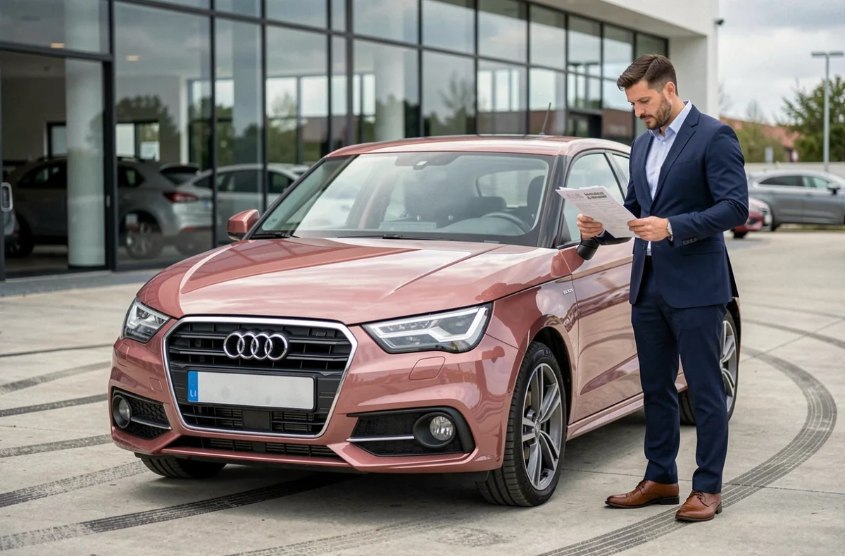 Audi A1 rose en concession avec un vendeur consultant un tarif