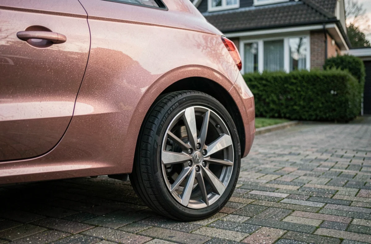Vue arrière rapprochée d'une Audi A1 rose métallisée dans une allée résidentielle