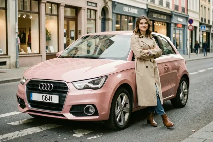 Audi A1 rose garée en ville avec une femme appuyée contre la portière