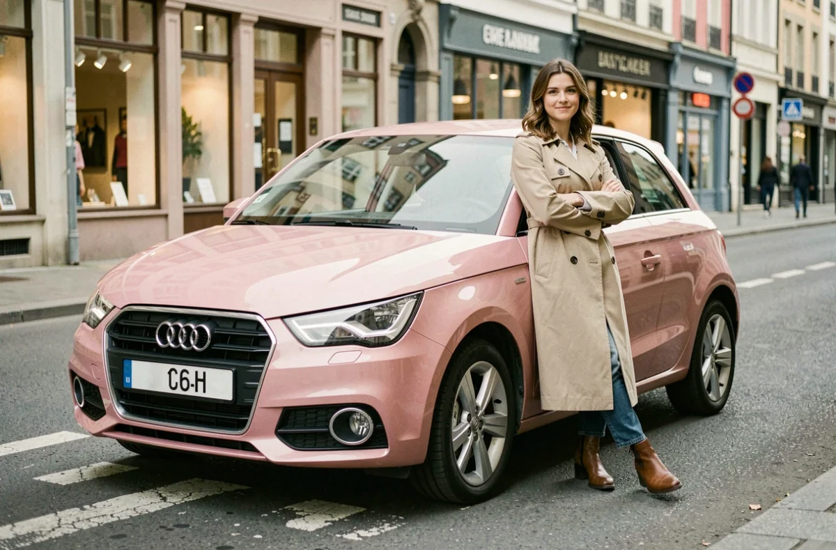 Audi A1 rose garée en ville avec une femme appuyée contre la portière