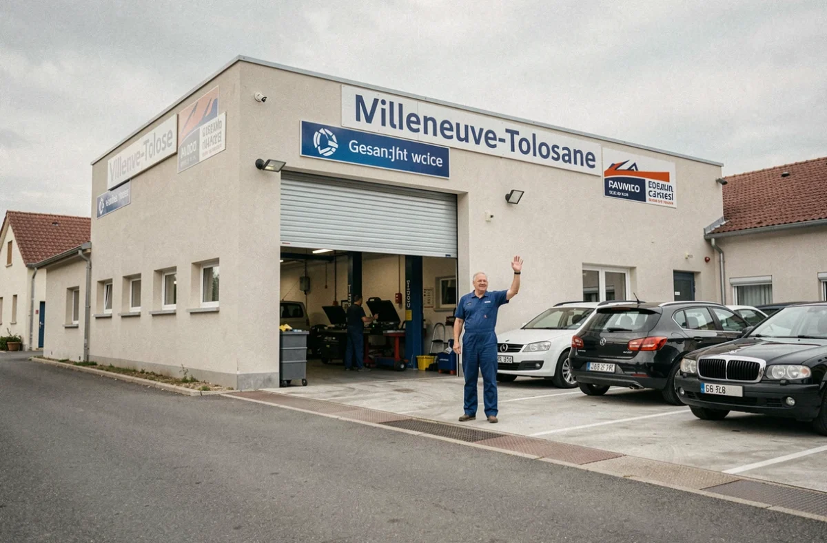 Façade du garage multiservice Auto Villeneuve à Villeneuve-Tolosane avec un mécanicien accueillant un client