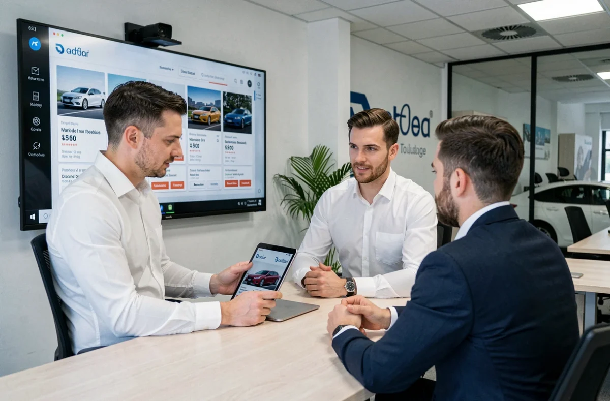 Conseiller d'Autodiffusion31 à Toulouse présentant des offres de mandataire automobile sur tablette à un client