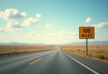 Autoroute américaine vue large avec panneau 100 miles