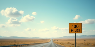 Autoroute américaine vue large avec panneau 100 miles
