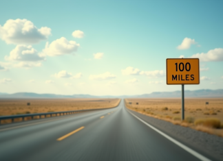 Autoroute américaine vue large avec panneau 100 miles