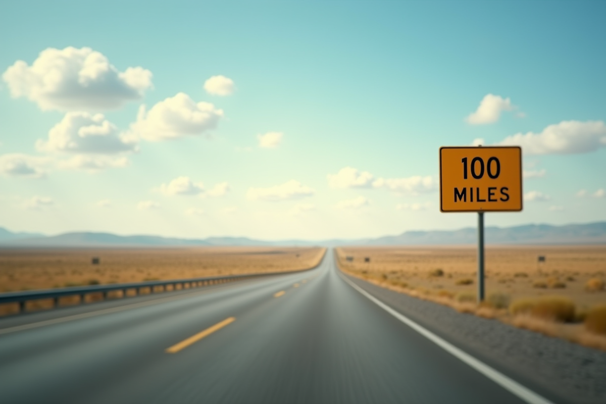 Autoroute américaine vue large avec panneau 100 miles