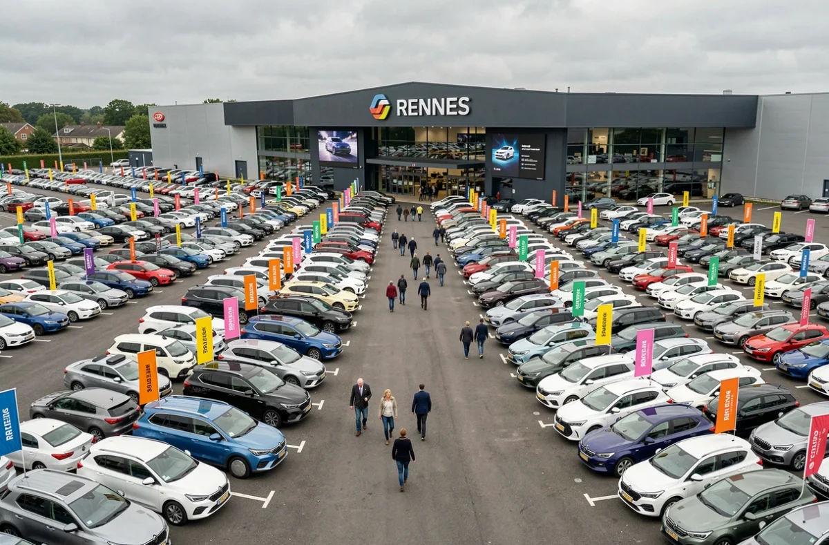 Grand parc automobile de l'Autosphère Rennes avec nombreux véhicules multimarques d'occasion en rangées