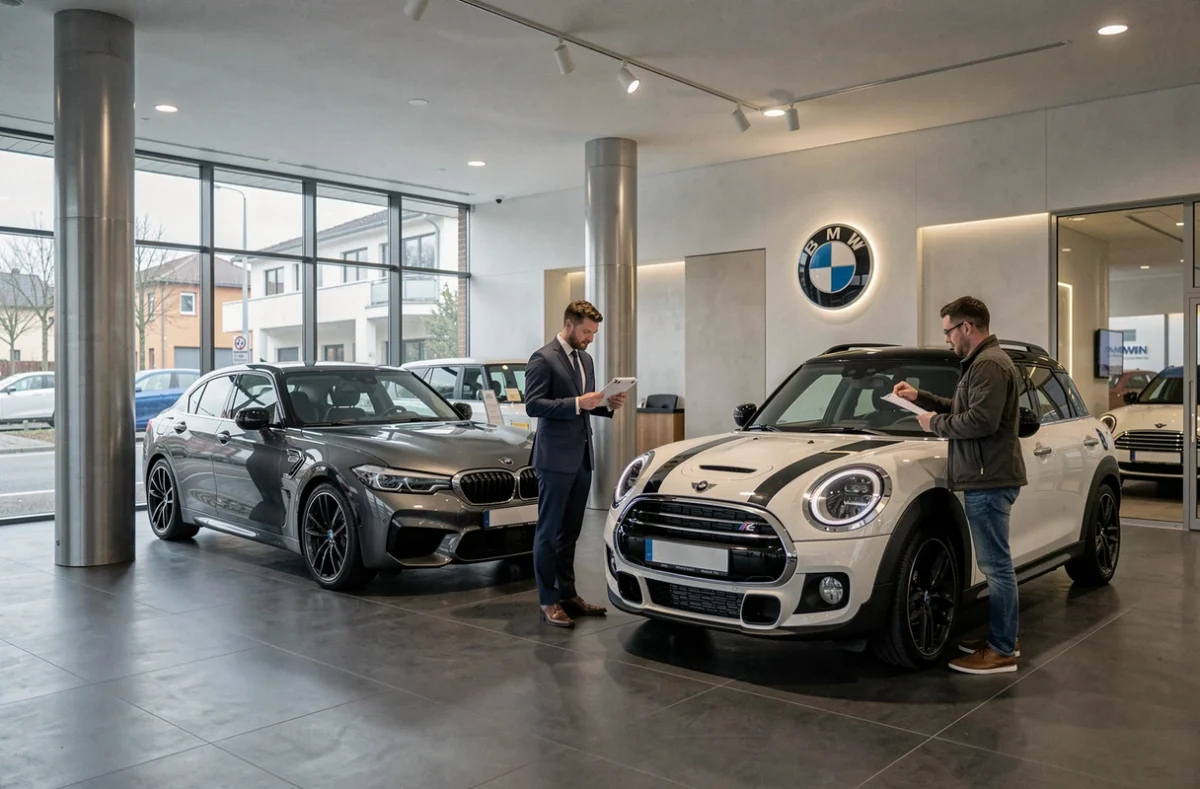 Showroom B57 BMW et MINI à Metz avec une berline BMW et une MINI exposées dans un espace design minimaliste