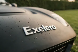 Gros plan sur le badge chromé d'une voiture de marque rare commençant par E, posée sur capot noir mat lors d'un concours automobile