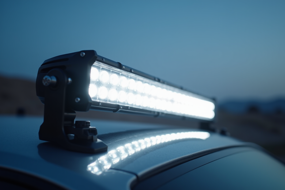 Barre de LED sur le toit d’un 4x4 au lever du soleil