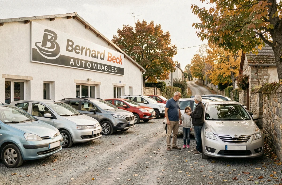 Extérieur du garage Bernard Beck Automobiles à Scy-Chazelles avec véhicules exposés et vendeur accueillant une famille