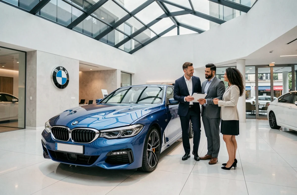 Showroom premium BMW Pelras à Toulouse avec un conseiller présentant un modèle BMW à des clients dans un espace luxueux