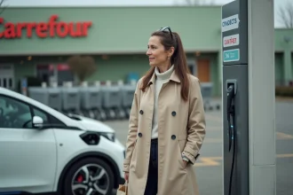 Femme branchant son véhicule électrique à une borne de recharge Carrefour dans un parking de supermarché