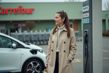Femme branchant son véhicule électrique à une borne de recharge Carrefour dans un parking de supermarché