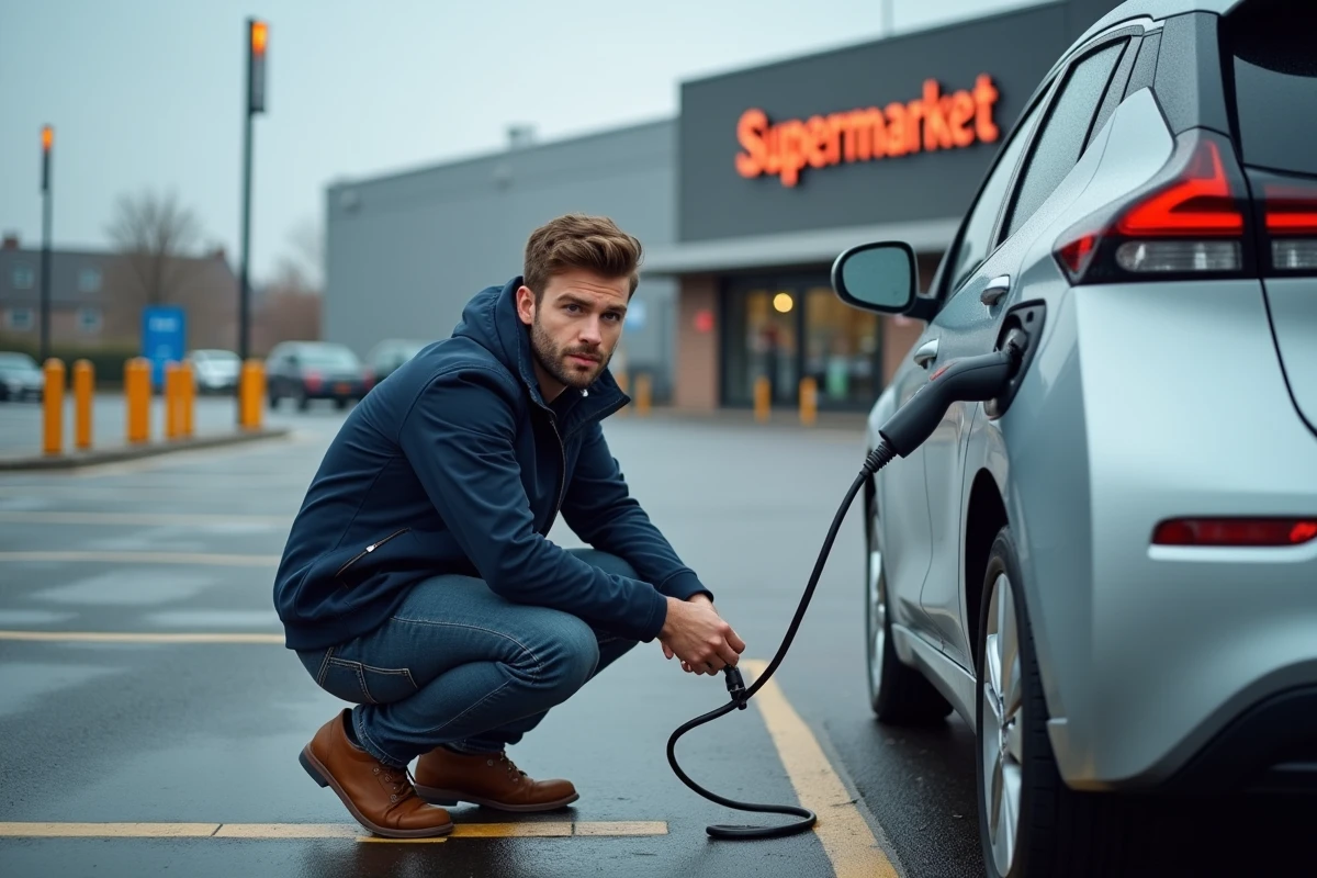 Homme connectant un câble de recharge Type 2 à sa voiture électrique sur une borne Carrefour