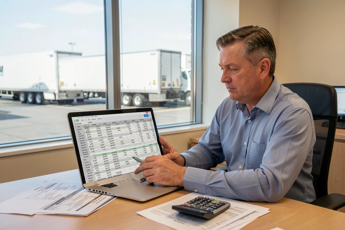 Gestionnaire de flotte calculant le coût au kilomètre d'une remorque frigorifique sur tableur dans un bureau logistique