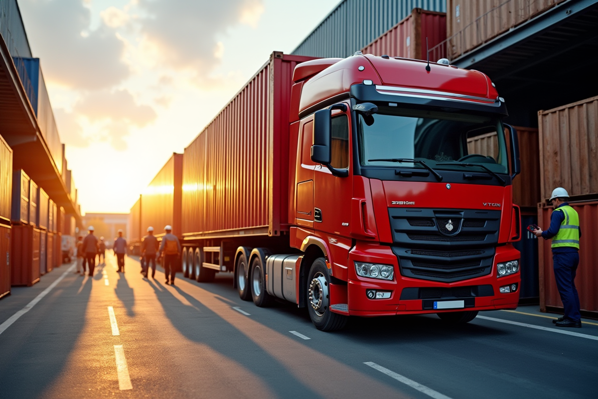 Camion de 32 tonnes au dépôt avec chargement et ouvriers