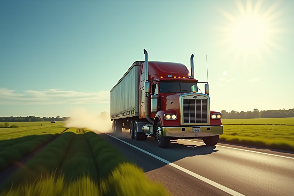 Camion robuste en conduite sur route rurale ensoleillee