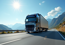 Camion moderne de 32 tonnes sur une route panoramique en journée