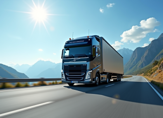 Camion moderne de 32 tonnes sur une route panoramique en journée