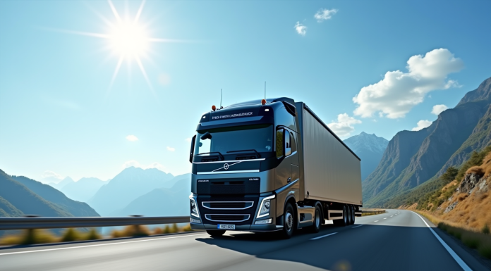 Camion moderne de 32 tonnes sur une route panoramique en journée