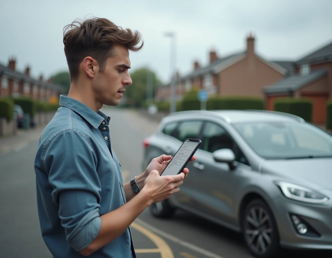 Jeune candidat au permis de conduire consultant un simulateur de questions sur smartphone à côté d'une voiture dans un parking
