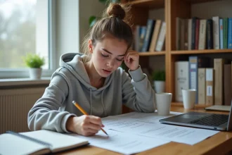 Jeune femme stressée révisant ses questions de permis de conduire 2026 à son bureau avec des fiches imprimées