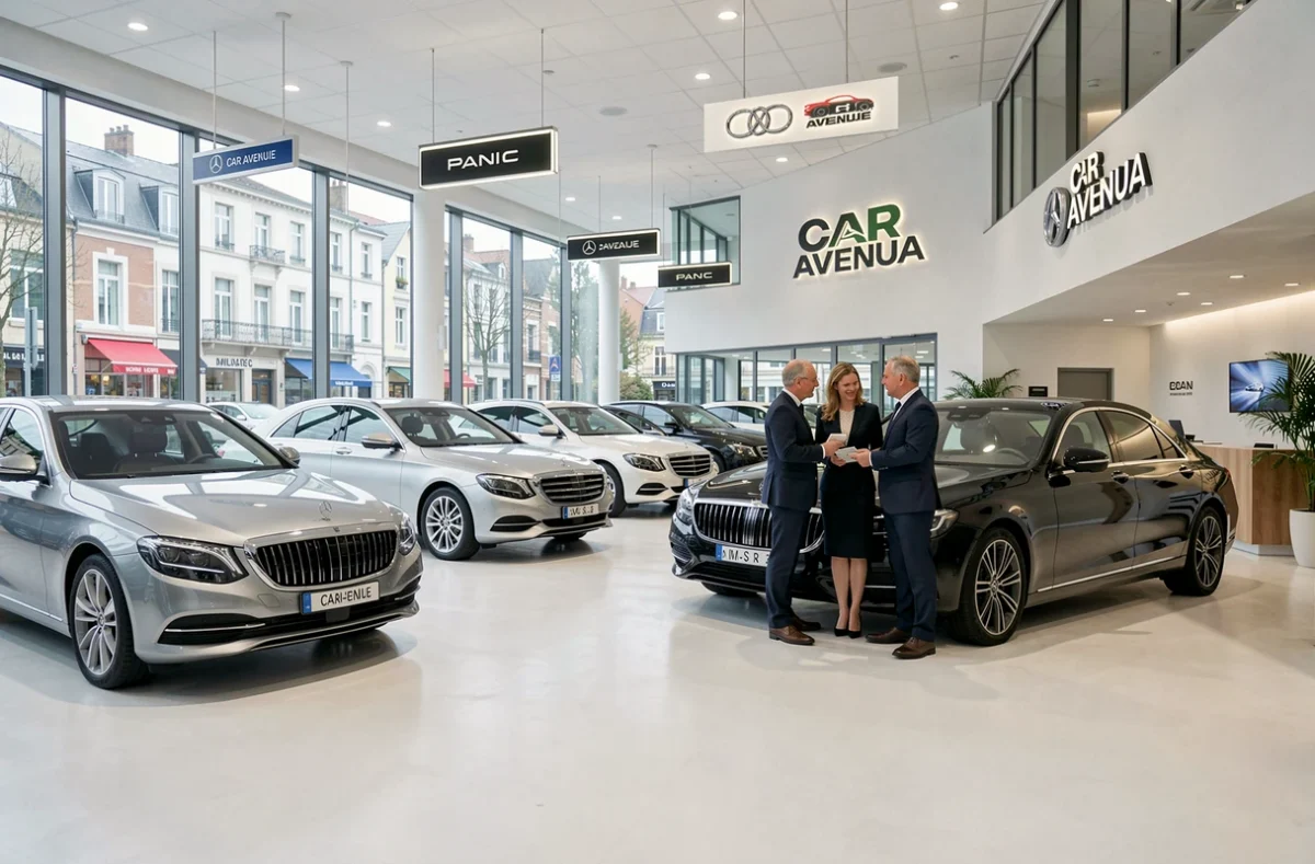 Intérieur du showroom Car Avenue à Metz avec véhicules neufs exposés et personnel commercial accueillant des clients