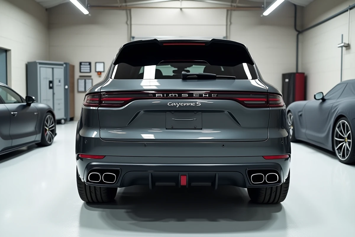 Porsche Cayenne S Magnum gris graphite dans un garage de collectionneur minimaliste, sol époxy blanc, ambiance préservation et rareté automobile