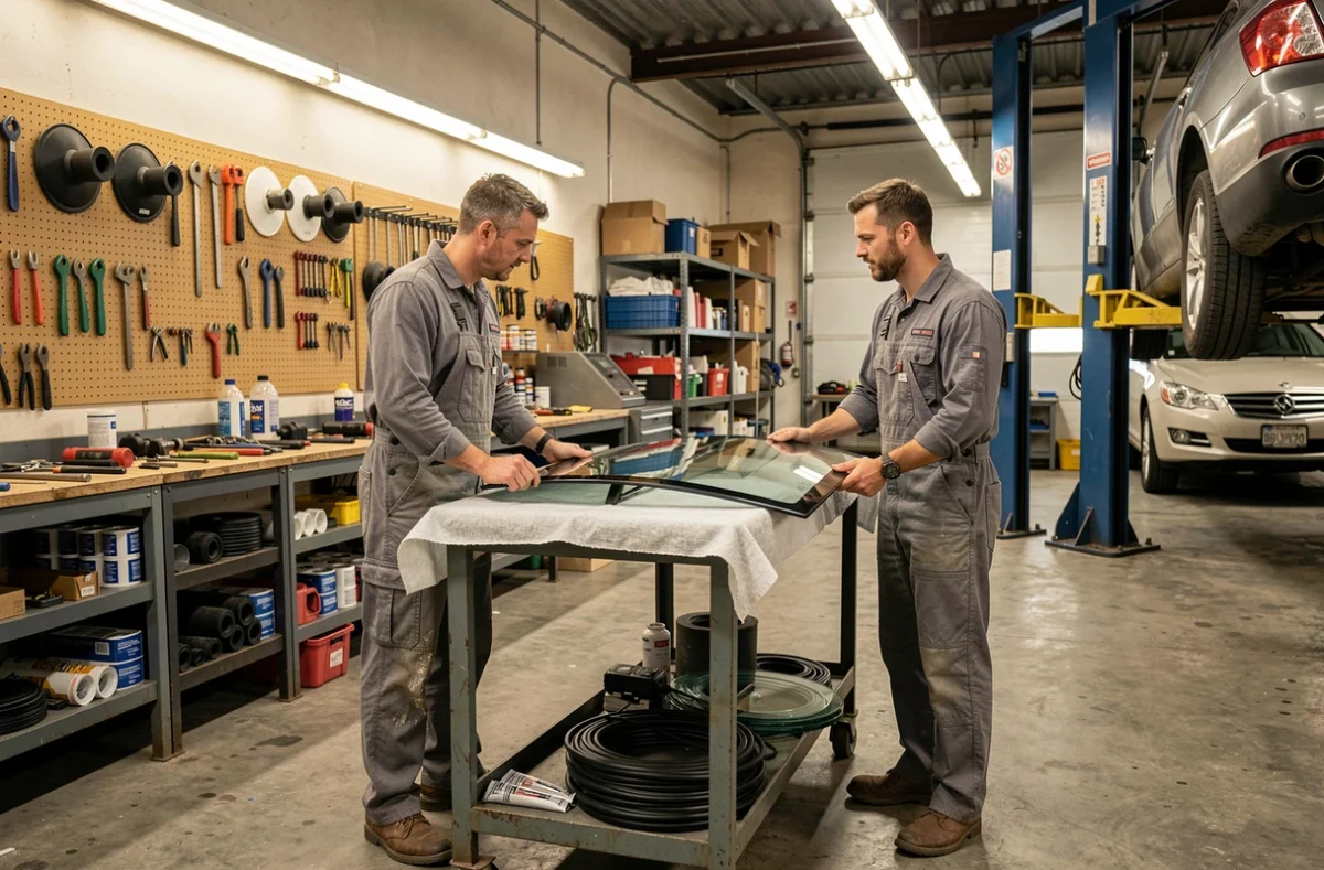Mécaniciens dans un centre auto professionnel examinant un pare-brise sur un établi entouré d'outils spécialisés de vitrage automobile
