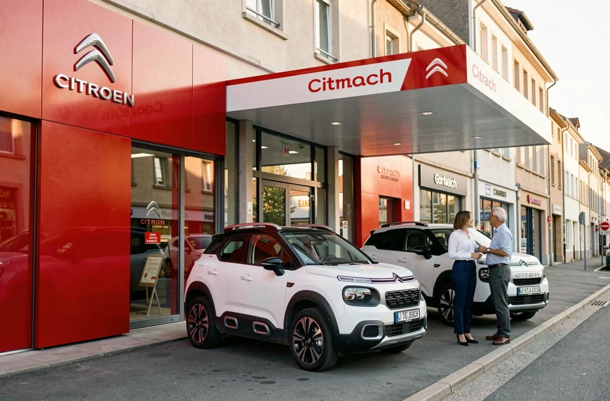 Extérieur du concessionnaire Citroën à Forbach avec C5 Aircross et C3 exposées sous le auvent de marque rouge et blanc