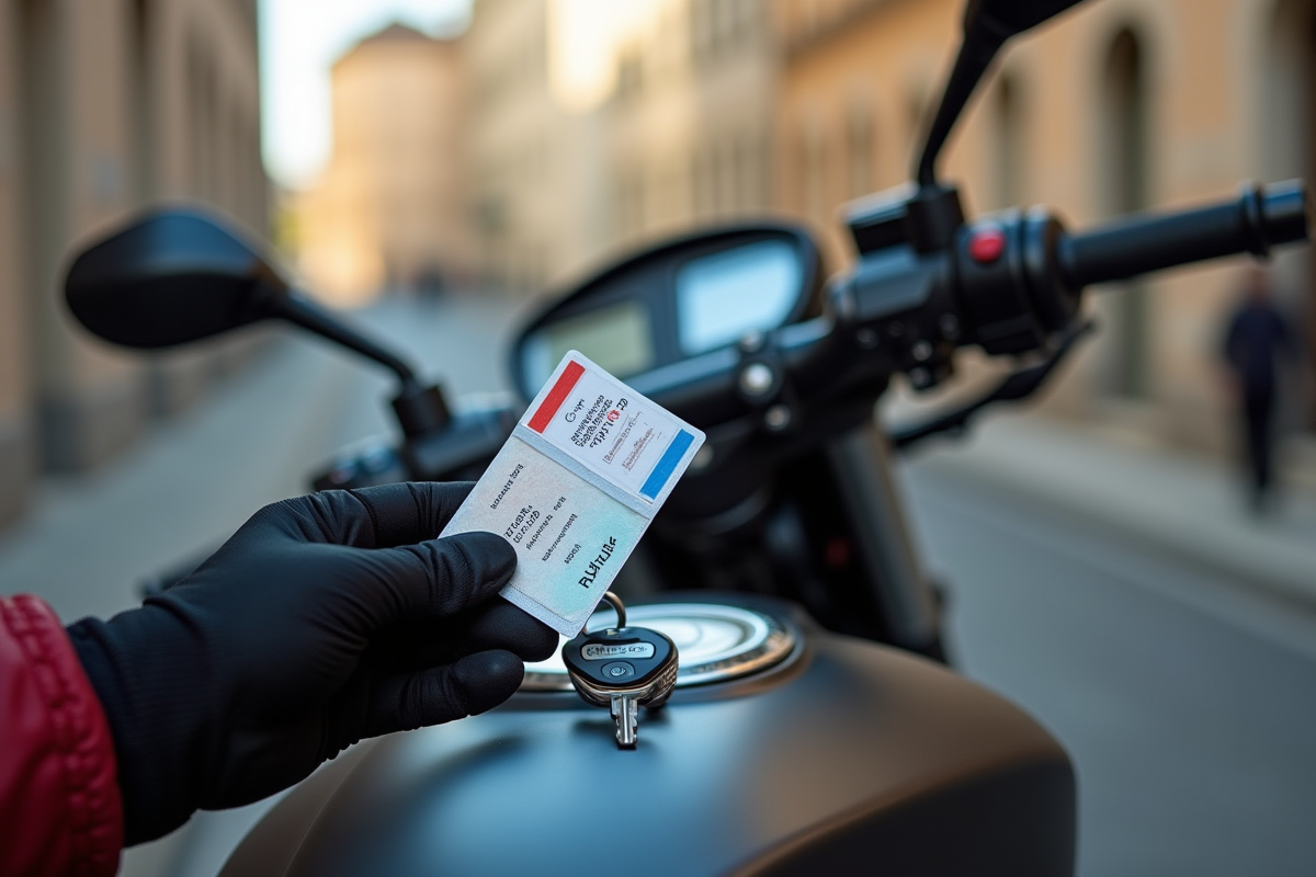 Mains tenant permis de conduire et clé de moto devant une moto 125cc